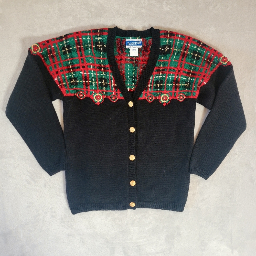 Vintage Pendleton 100% Virgin Wool Plaid Cardigan Sweater Small Petite